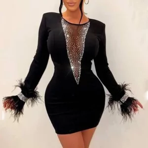 Sparkling Crystal Feather Mini Dress with Sheer Mesh - Women's Sequin Party Outfit