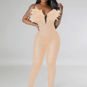 Sparkling Off-Shoulder Jumpsuit with Sheer Mesh & Feathers