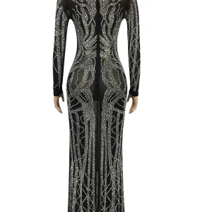 Sparkling Rhinestone Maxi Dress for Women - Elegant Deep V-Neck Gown, Perfect for Special Occ