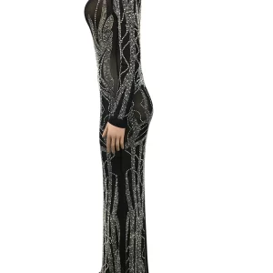 Sparkling Rhinestone Maxi Dress for Women - Elegant Deep V-Neck Gown, Perfect for Special Occ