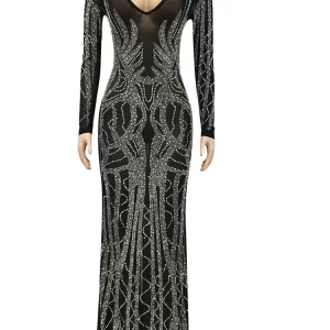 Sparkling Rhinestone Maxi Dress for Women - Elegant Deep V-Neck Gown, Perfect for Special Occ