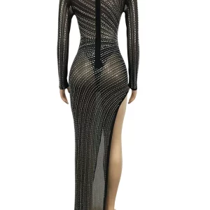 Sparkling Sheer Mesh Maxi Dress for Women, High Slit, Crystal Embellishments, Party Clubwear