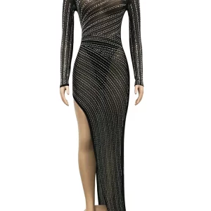 Sparkling Sheer Mesh Maxi Dress for Women, High Slit, Crystal Embellishments, Party Clubwear