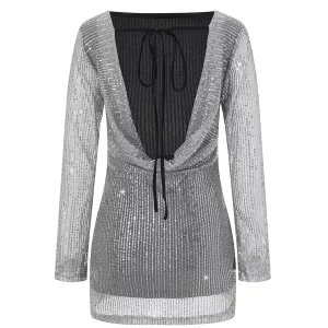 Sparkly Sequins Backless Tie-up Mini Dress for Women