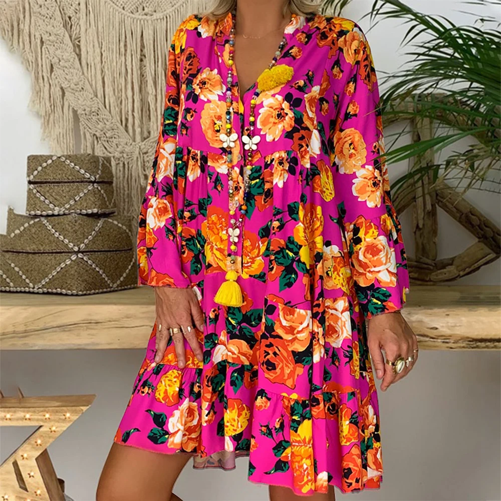 Spring Boho Beach Floral Oversized Dress for Women - Plus Size Casual Long Skirt