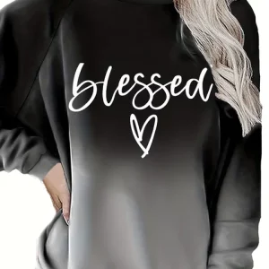 Spring Casual Plus Size Sweatshirt with Ombre & Heart Print