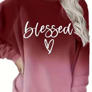 Spring Casual Plus Size Sweatshirt with Ombre & Heart Print