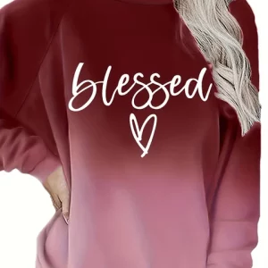 Spring Casual Plus Size Sweatshirt with Ombre & Heart Print