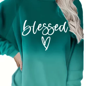 Spring Casual Plus Size Sweatshirt with Ombre & Heart Print