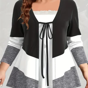 Spring Casual Plus Size Women's Lace Trim Tie Top