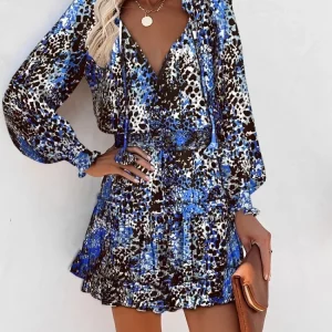 Spring Fashion Women's Floral Print V-Neck Lantern Sleeve Mini Dress