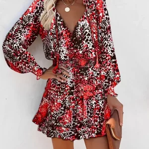 Spring Fashion Women's Floral Print V-Neck Lantern Sleeve Mini Dress