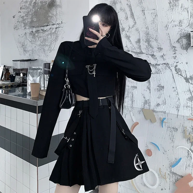 Spring Harajuku Streetwear Punk Chain Ribbon Skirt Suit