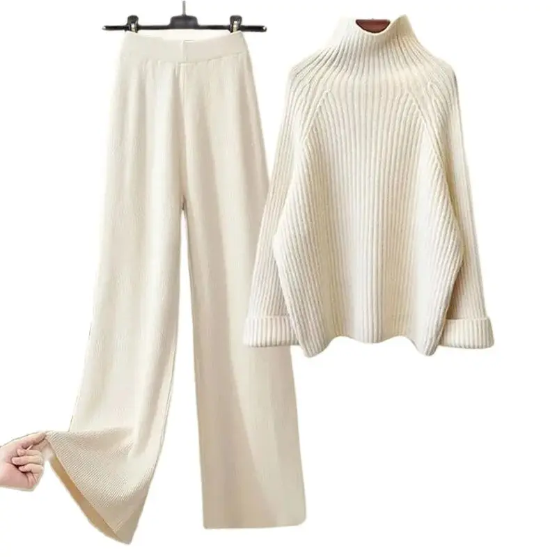 Spring Knit Two-Piece Set: Pullover Sweater & Wide Leg Pants