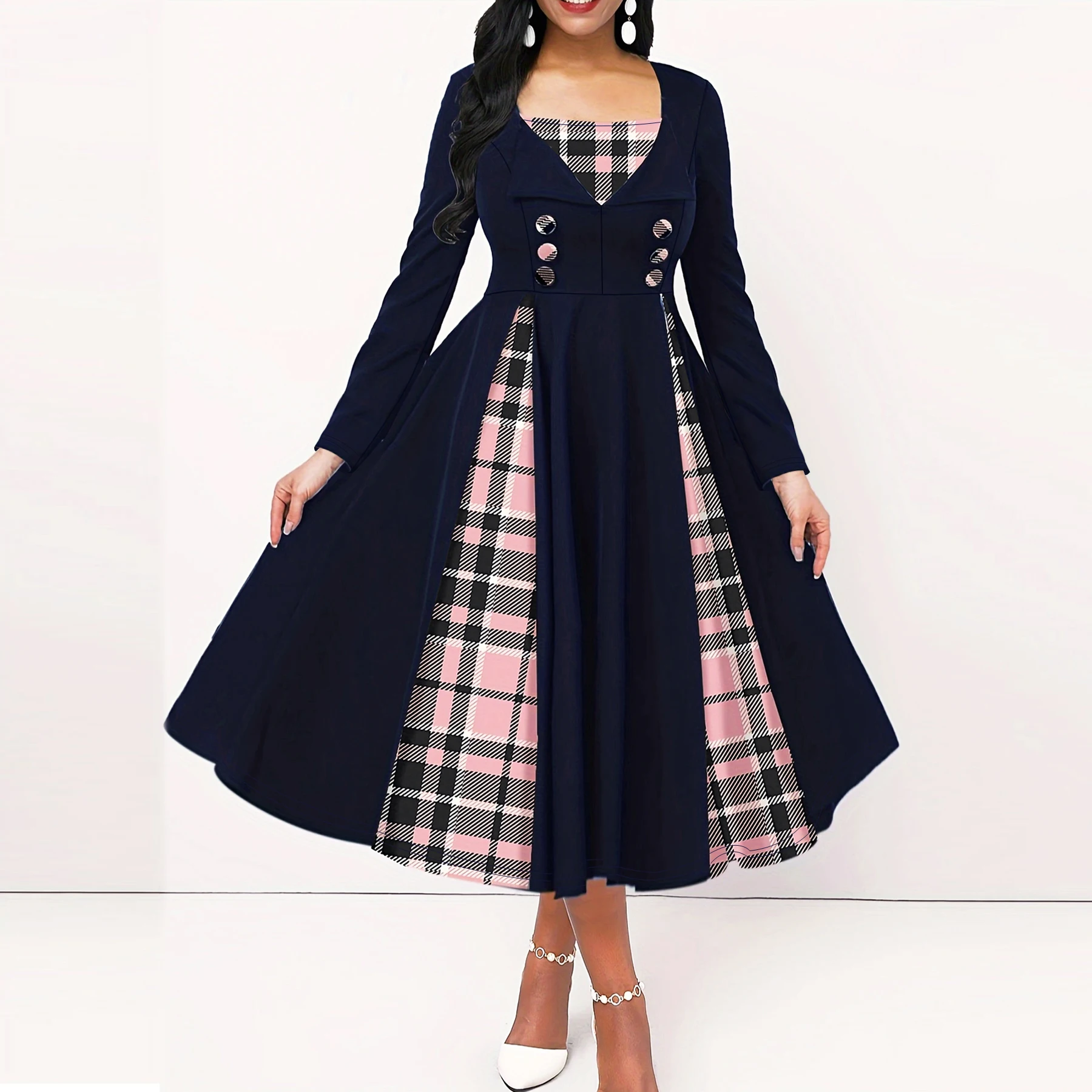 Spring Plaid Print Plus Size Square Neck Dress