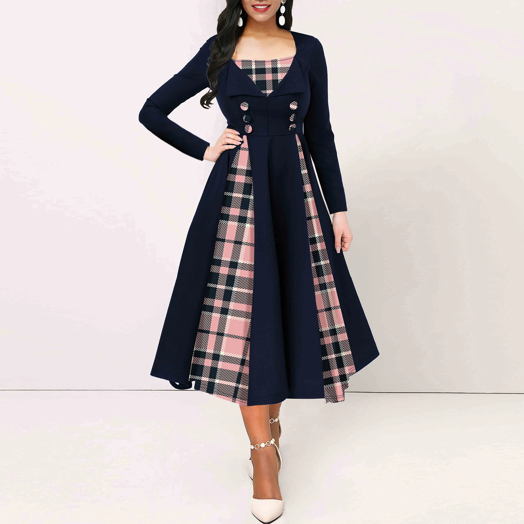 Spring Plaid Print Plus Size Square Neck Dress