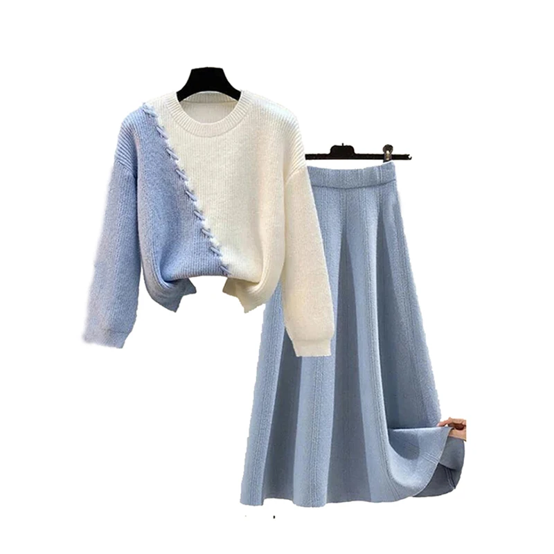 Spring Plus Size Women's Loose Knitted Sweater and A-Line Skirt Set