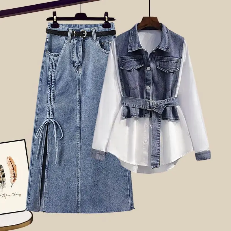 Spring Summer Women's Two-Piece Dress Set: Long Sleeve Blouse & High Waist Denim Skirt