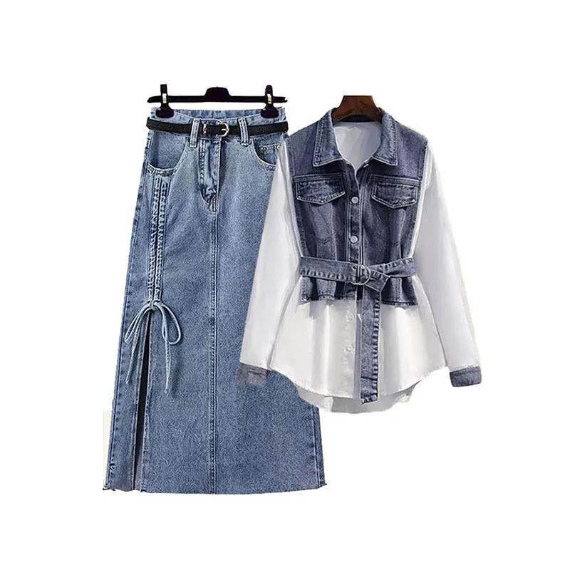 Spring Summer Women's Two-Piece Dress Set: Long Sleeve Blouse & High Waist Denim Skirt