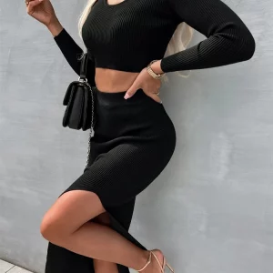 Spring Summer Women's Two-Piece Streetwear Suit | Fashion Crop Top with Long Split Skirt