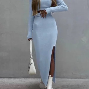 Spring Summer Women's Two-Piece Streetwear Suit | Fashion Crop Top with Long Split Skirt