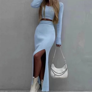 Spring Summer Women's Two-Piece Streetwear Suit | Fashion Crop Top with Long Split Skirt