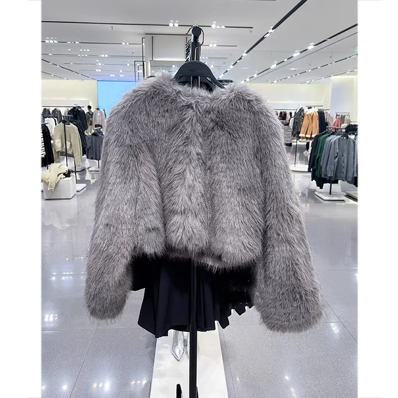 Spring Women's Round Neck Suede Jacket with Fur Pocket