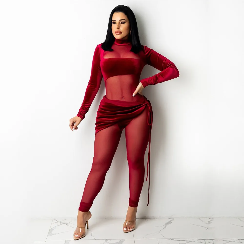 Spring Women's Sexy Mesh Velvet Jumpsuit Set