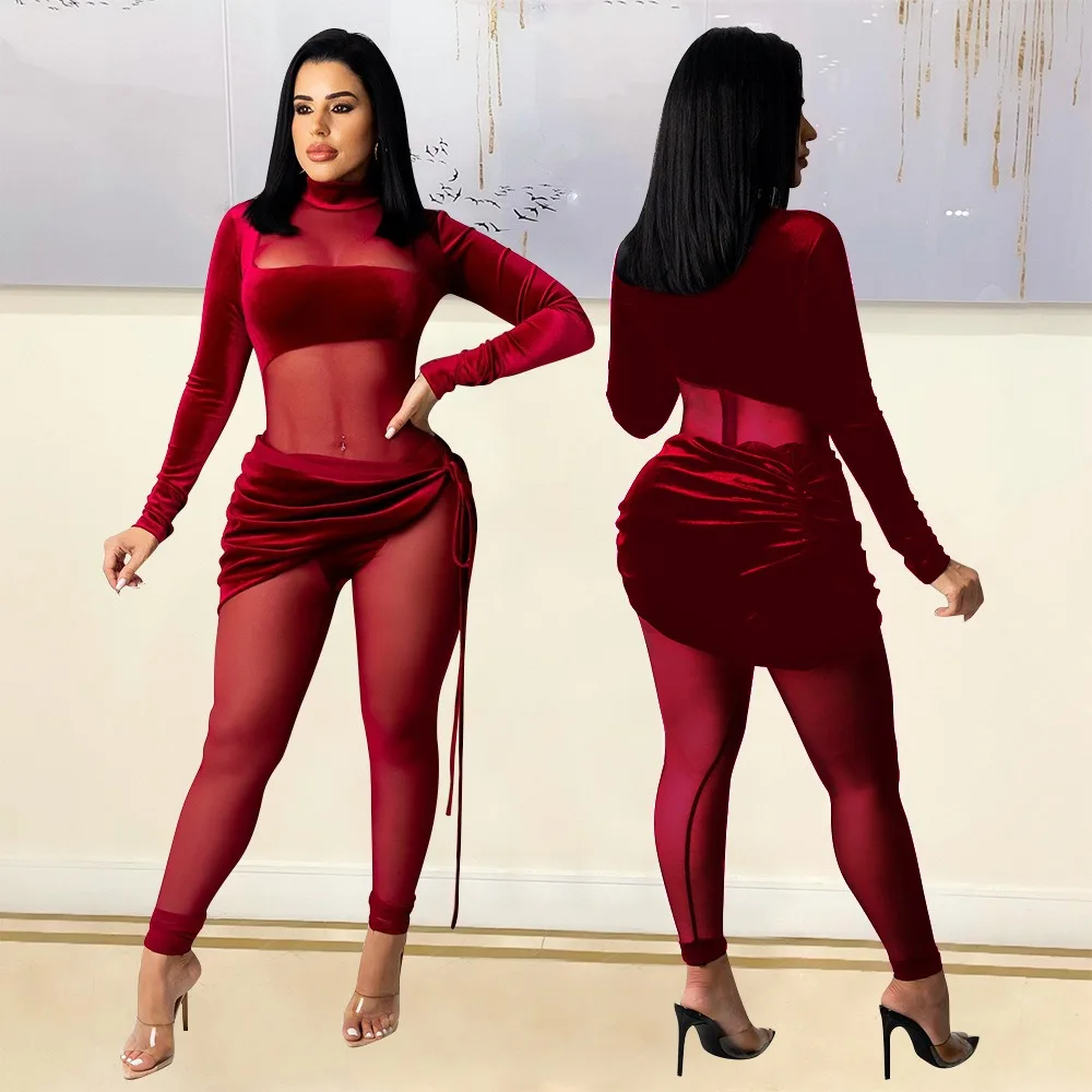 Spring Women's Sexy Mesh Velvet Jumpsuit Set