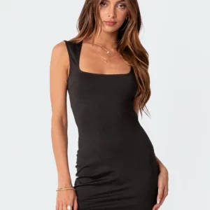 Square Collar Bodycon Dress with Wide Straps - Y2K Chic Hollow Out Dress