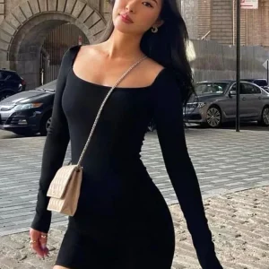 Square Collar Mini Dress - Sexy Streetwear with Long Sleeve, High Waist - Women's Fashion