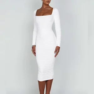 Square Neck Long Sleeve Bodycon Evening Dress for Women