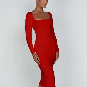 Square Neck Long Sleeve Bodycon Evening Dress for Women