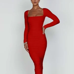 Square Neck Long Sleeve Bodycon Evening Dress for Women