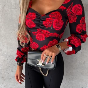 Square Neck Printed Backless Blouse - Stylish Long Sleeve Women's Top