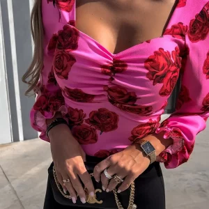 Square Neck Printed Backless Blouse - Stylish Long Sleeve Women's Top