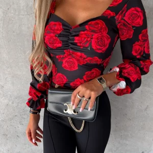 Square Neck Printed Backless Blouse - Stylish Long Sleeve Women's Top