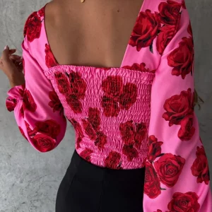 Square Neck Printed Backless Blouse - Stylish Long Sleeve Women's Top