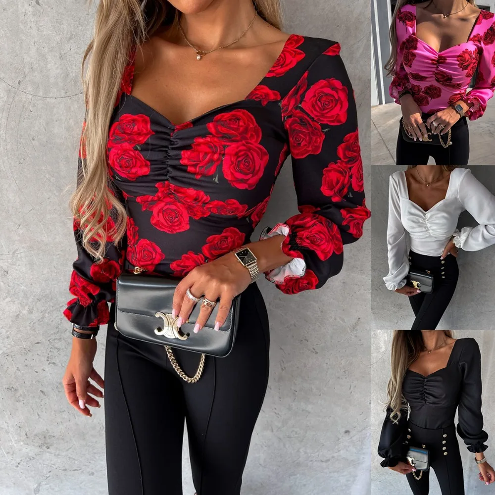 Square Neck Printed Backless Blouse - Stylish Long Sleeve Women's Top