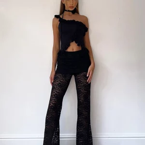 Stacked Lace High Waist Slim Pants for Women, Sexy See-Through Solid Trousers, Trendy Chic Bottoms