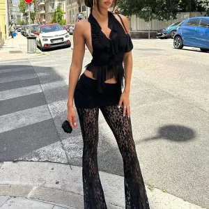 Stacked Lace High Waist Slim Pants for Women, Sexy See-Through Solid Trousers, Trendy Chic Bottoms