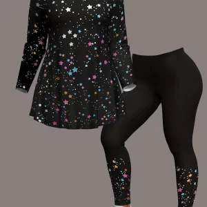 Star Print Plus Size Two-piece Set, Crew Neck Top & Pants - Women's Plus Size Outfits