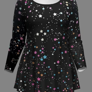 Star Print Plus Size Two-piece Set, Crew Neck Top & Pants - Women's Plus Size Outfits