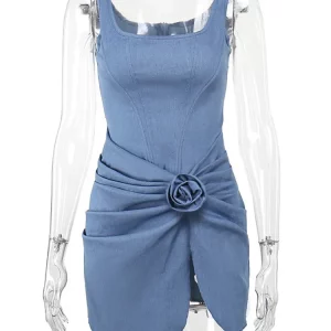 Strapless Backless Ruched Denim Mini Dress for Women