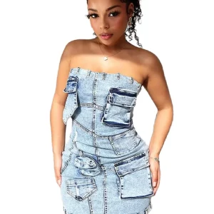 Strapless Denim Dress with Multi Pockets, Backless Zip - Women's Sexy Slim Fit Mini Dress for