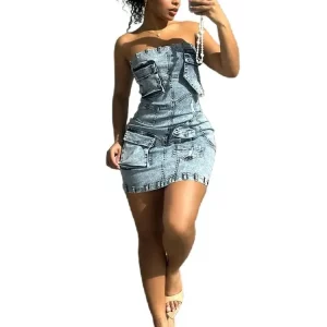 Strapless Denim Dress with Multi Pockets, Backless Zip - Women's Sexy Slim Fit Mini Dress for