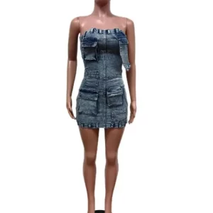 Strapless Denim Dress with Multi Pockets, Backless Zip - Women's Sexy Slim Fit Mini Dress for