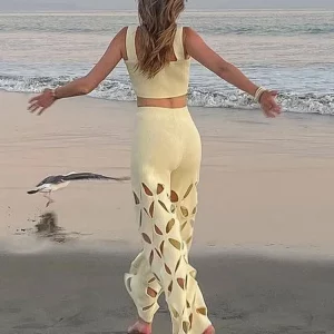 Strapless Heart Cut Out 2-Piece Pant Set for Women - 2024 Summer Beach Holiday Streetwear