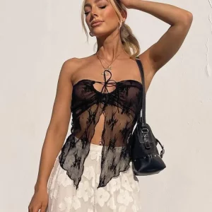 Strapless Lace-Up Bralette Top for Women, Sexy See-Through Slim Fit Streetwear