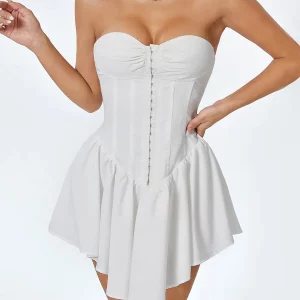 Strapless Mini Dress with Central Clasp Corset - Women's Solid Color Tube Dress